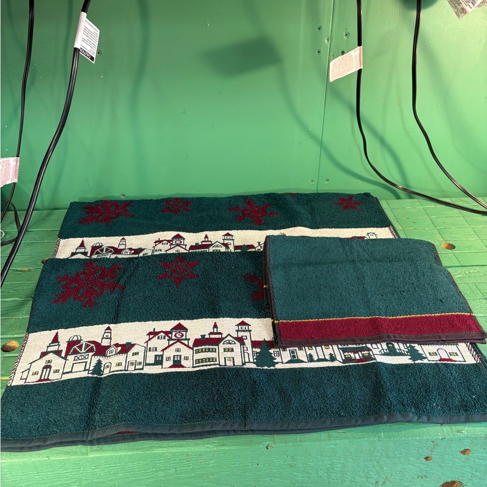 Festive Village Scene Hand Towel Set- Teal and Burgundy